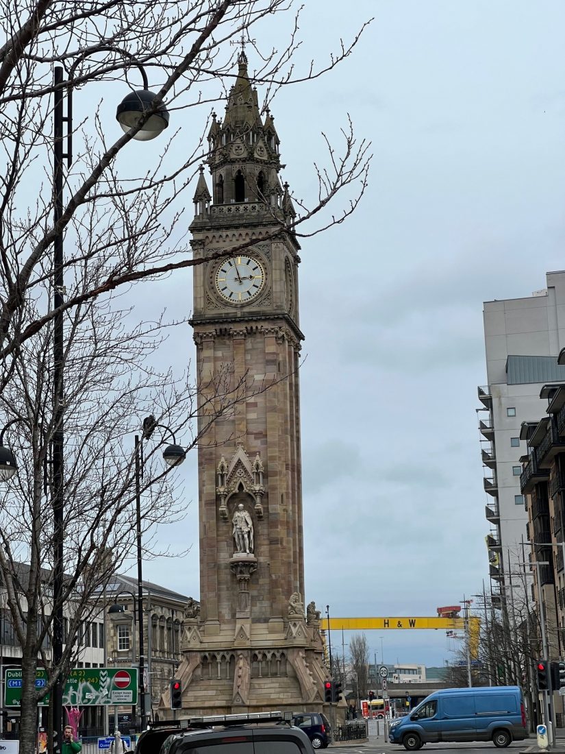 View of the Albert Clock and the yellow Harland & Wolff crane
