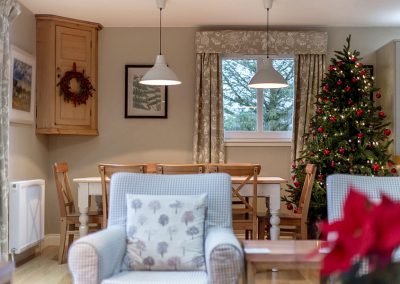 Christmas tree and arm chairs in the sitting room