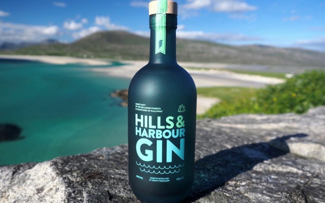 Bottle of gin on a rock with hills and a sandy beach in the background