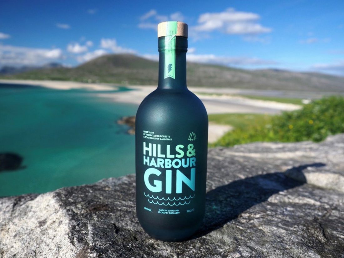 Bottle of gin on a rock with hills and a sandy beach in the background