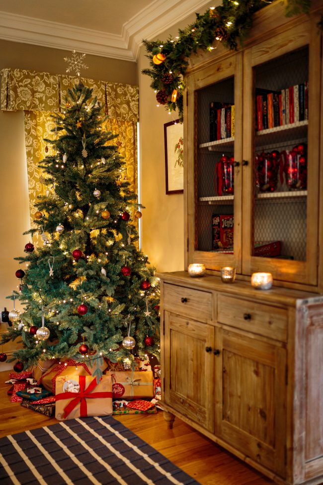 Christmas tree, presents and a book shelf with Festive Decorations