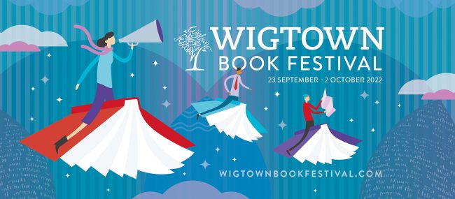 Cover for Wigtown Book Festival with images of people riding books